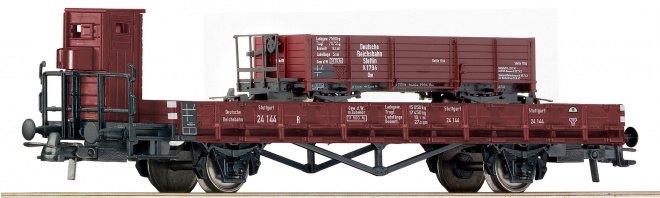 2 axle Flat car with brakemens cabin loaded with narrow gauge car<br /><a href='images/pictures/Roco/66355.jpg' target='_blank'>Full size image</a>